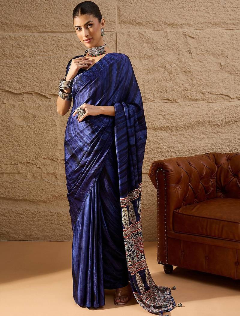 Blue blue printed  block print sarees
