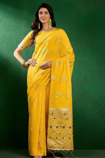 Mustard mustard yellow geometric woven designed sarees