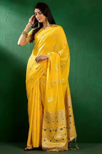 Mustard mustard yellow geometric woven designed sarees
