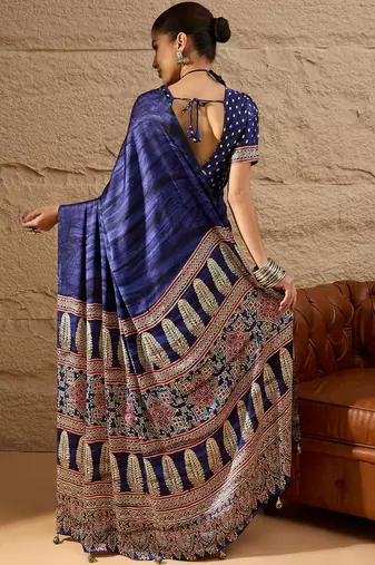 Blue blue printed  block print sarees