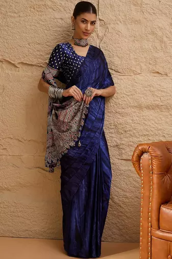 Blue blue printed  block print sarees