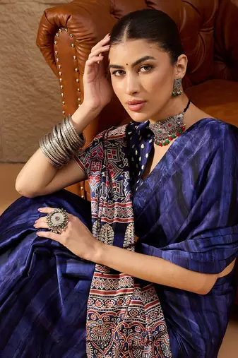 Blue blue printed  block print sarees