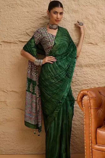 Green women green ethnic motifs  crepe designer block print saree