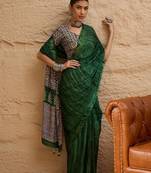 Green women green ethnic motifs  crepe designer block print saree