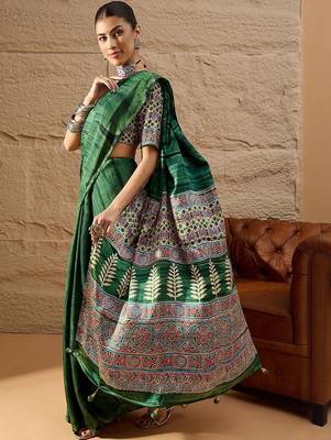 Green women green ethnic motifs  crepe designer block print saree 5
