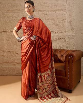 Rust rust crepe ethnic printed party wear saree with matching blouse 1