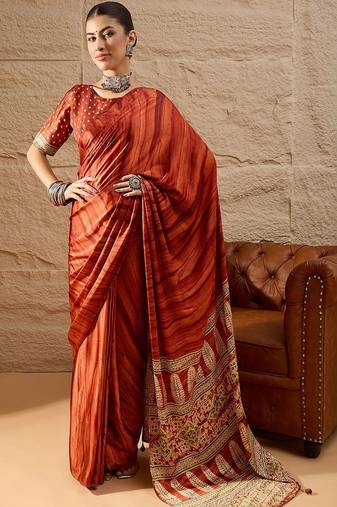 Rust rust crepe ethnic printed party wear saree with matching blouse