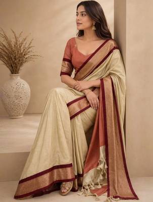 Cream zari  cotton women  kanjeevaram saree 1