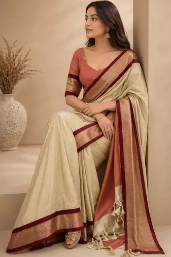 Cream zari  cotton women  kanjeevaram saree