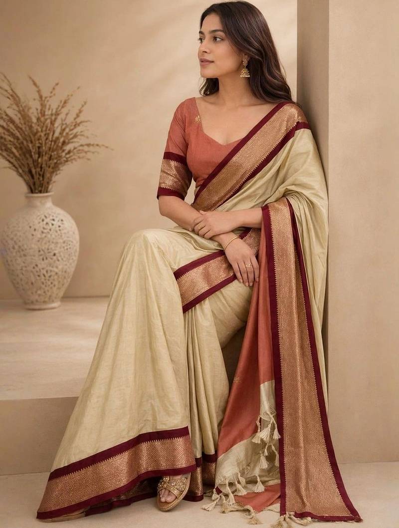 Cream zari  cotton women  kanjeevaram saree