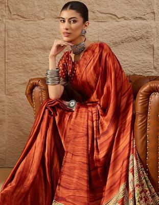 Rust rust crepe ethnic printed party wear saree with matching blouse 2