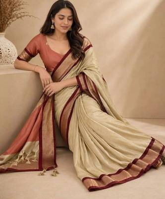 Cream zari  cotton women  kanjeevaram saree 3