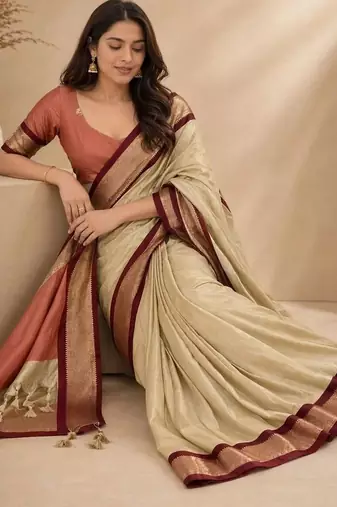 Cream zari  cotton women  kanjeevaram saree