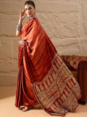 Rust rust crepe ethnic printed party wear saree with matching blouse 3