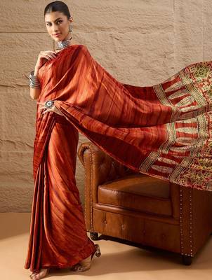 Rust rust crepe ethnic printed party wear saree with matching blouse 5