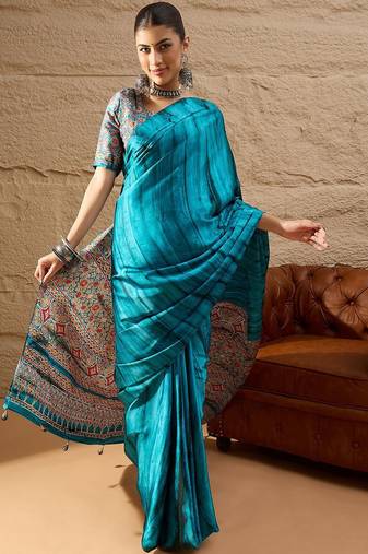 Blue women light blue crepe printed party wear saree with matching blouse