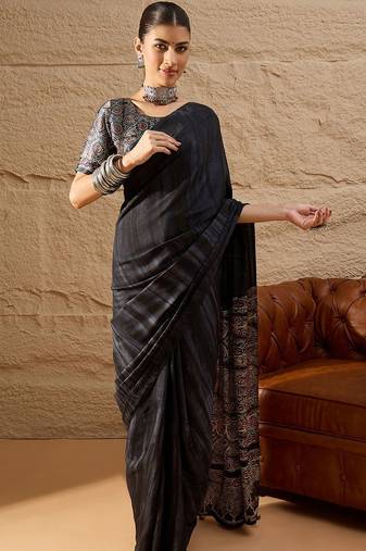 Black black printed  block print sarees