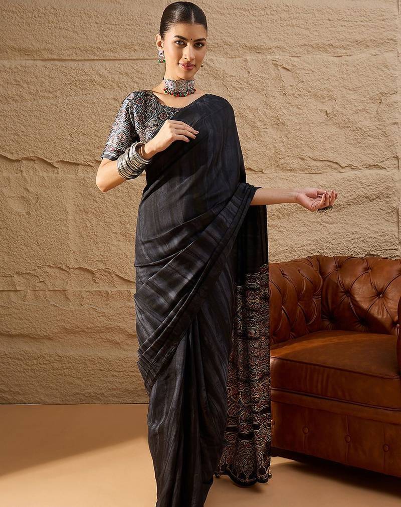 Black black printed  block print sarees