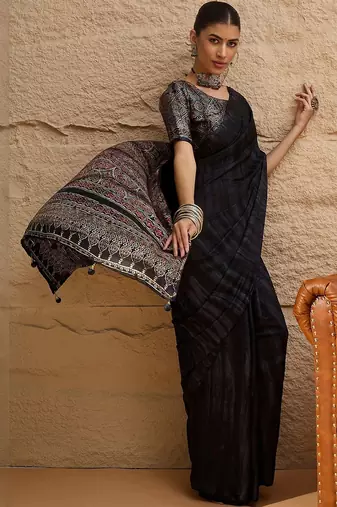 Black black printed  block print sarees