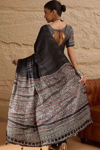 Black black printed  block print sarees