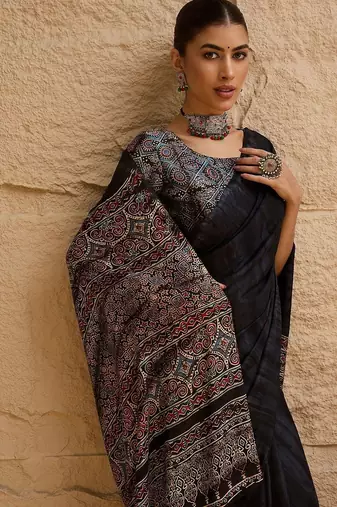 Black black printed  block print sarees