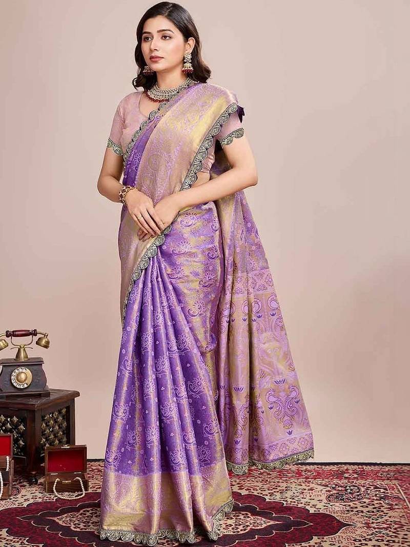 Purple woven design saree with unstitched blouse piece