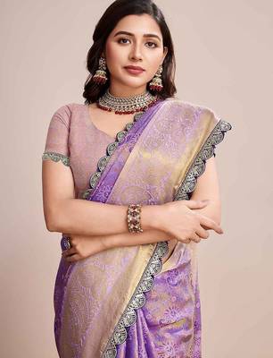 Purple woven design saree with unstitched blouse piece 2