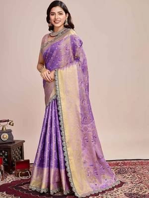 Purple woven design saree with unstitched blouse piece 4