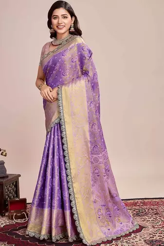 Purple woven design saree with unstitched blouse piece