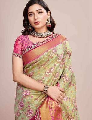 Sea green woven design saree with unstitched blouse piece 2