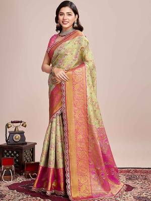 Sea green woven design saree with unstitched blouse piece 3
