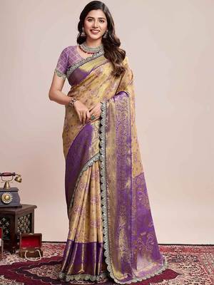 Beige woven design saree with unstitched blouse piece 1