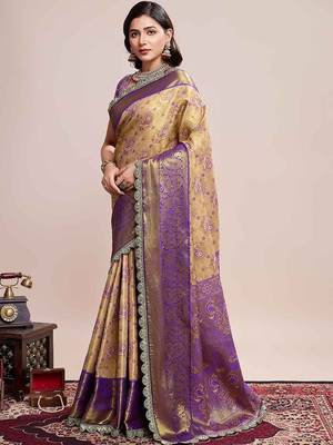 Beige woven design saree with unstitched blouse piece 2