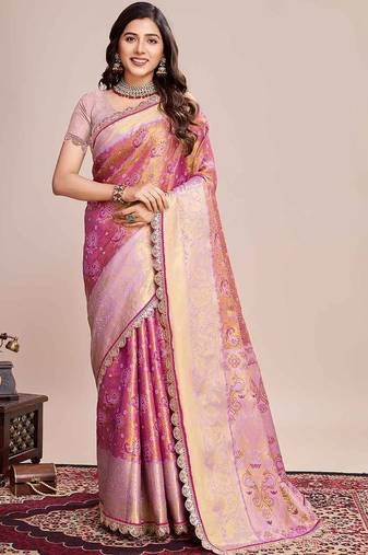 Pink woven design saree with unstitched blouse piece