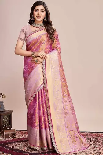 Pink woven design saree with unstitched blouse piece