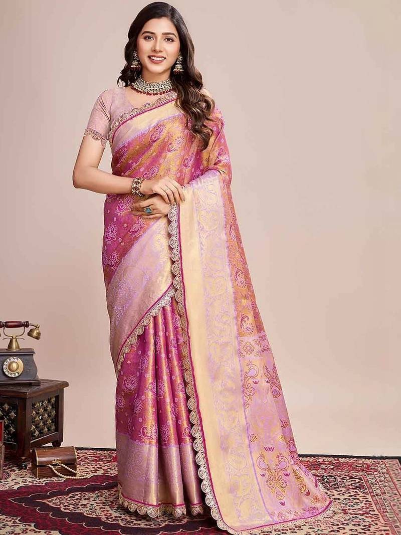 Pink woven design saree with unstitched blouse piece