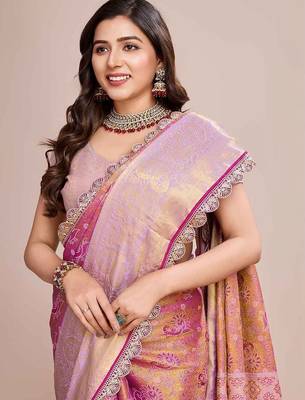 Pink woven design saree with unstitched blouse piece 2