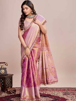 Pink woven design saree with unstitched blouse piece 3