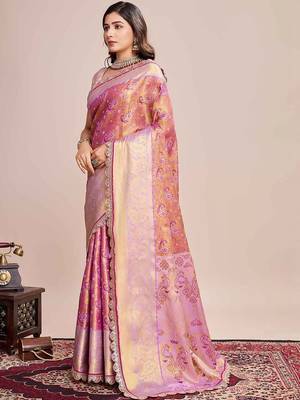 Pink woven design saree with unstitched blouse piece 5