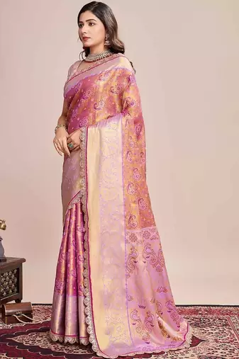 Pink woven design saree with unstitched blouse piece