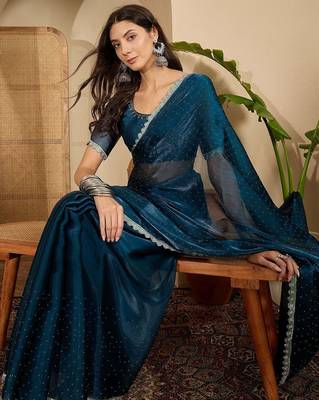 Blue embellished beads and stones poly chiffon heavy work saree 1