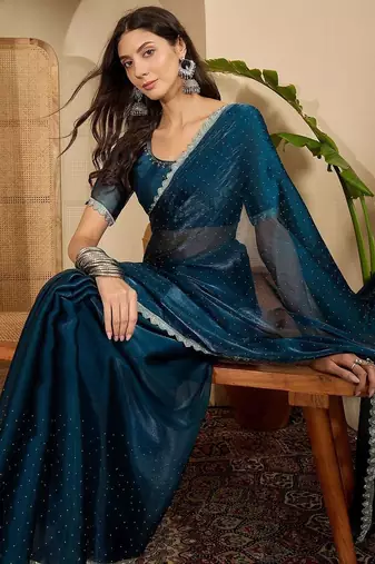 Blue embellished beads and stones poly chiffon heavy work saree