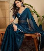 Blue embellished beads and stones poly chiffon heavy work saree