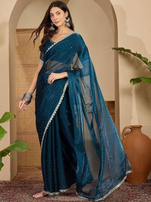 Blue embellished beads and stones poly chiffon heavy work saree 3