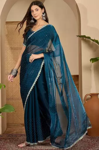 Blue embellished beads and stones poly chiffon heavy work saree