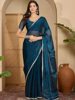 Blue embellished beads and stones poly chiffon heavy work saree 4