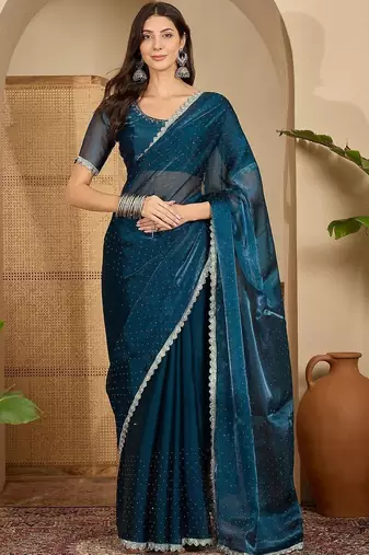 Blue embellished beads and stones poly chiffon heavy work saree