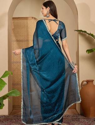 Blue embellished beads and stones poly chiffon heavy work saree 5
