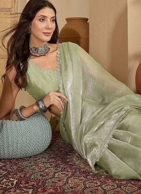 Lime beads and stones poly chiffon designer saree 1