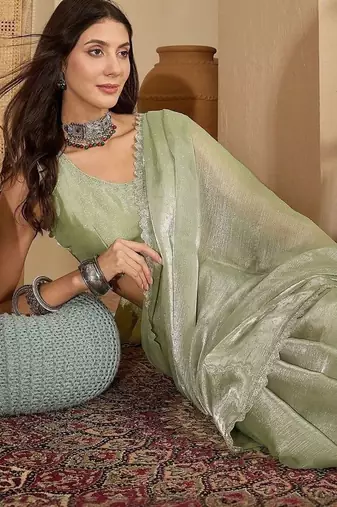 Lime beads and stones poly chiffon designer saree